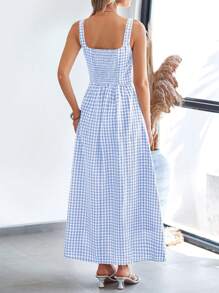 Women's Summer Long Skirt With Waist Waist And Thin Shoulders Plaid Square Collar A-Line Pleats Casual Holiday Sundress - Màu xanh nhạt - Xem 2