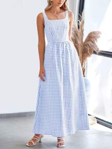Women's Summer Long Skirt With Waist Waist And Thin Shoulders Plaid Square Collar A-Line Pleats Casual Holiday Sundress - Màu xanh nhạt - Xem 4