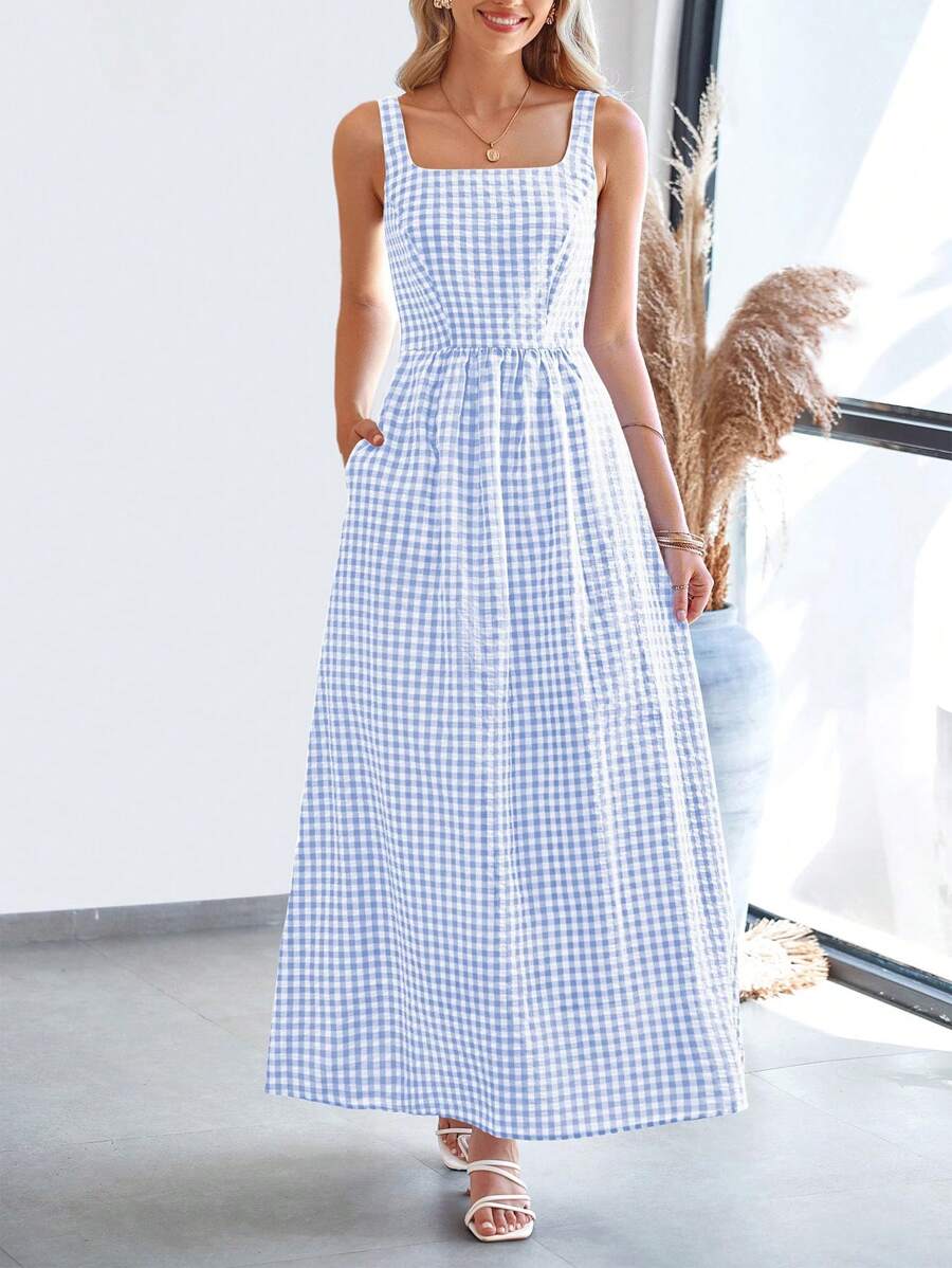 Women's Summer Long Skirt With Waist Waist And Thin Shoulders Plaid Square Collar A-Line Pleats Casual Holiday Sundress - Màu xanh nhạt - Xem 1