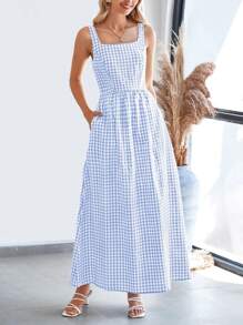 Women's Summer Long Skirt With Waist Waist And Thin Shoulders Plaid Square Collar A-Line Pleats Casual Holiday Sundress - Màu xanh nhạt - Xem 3