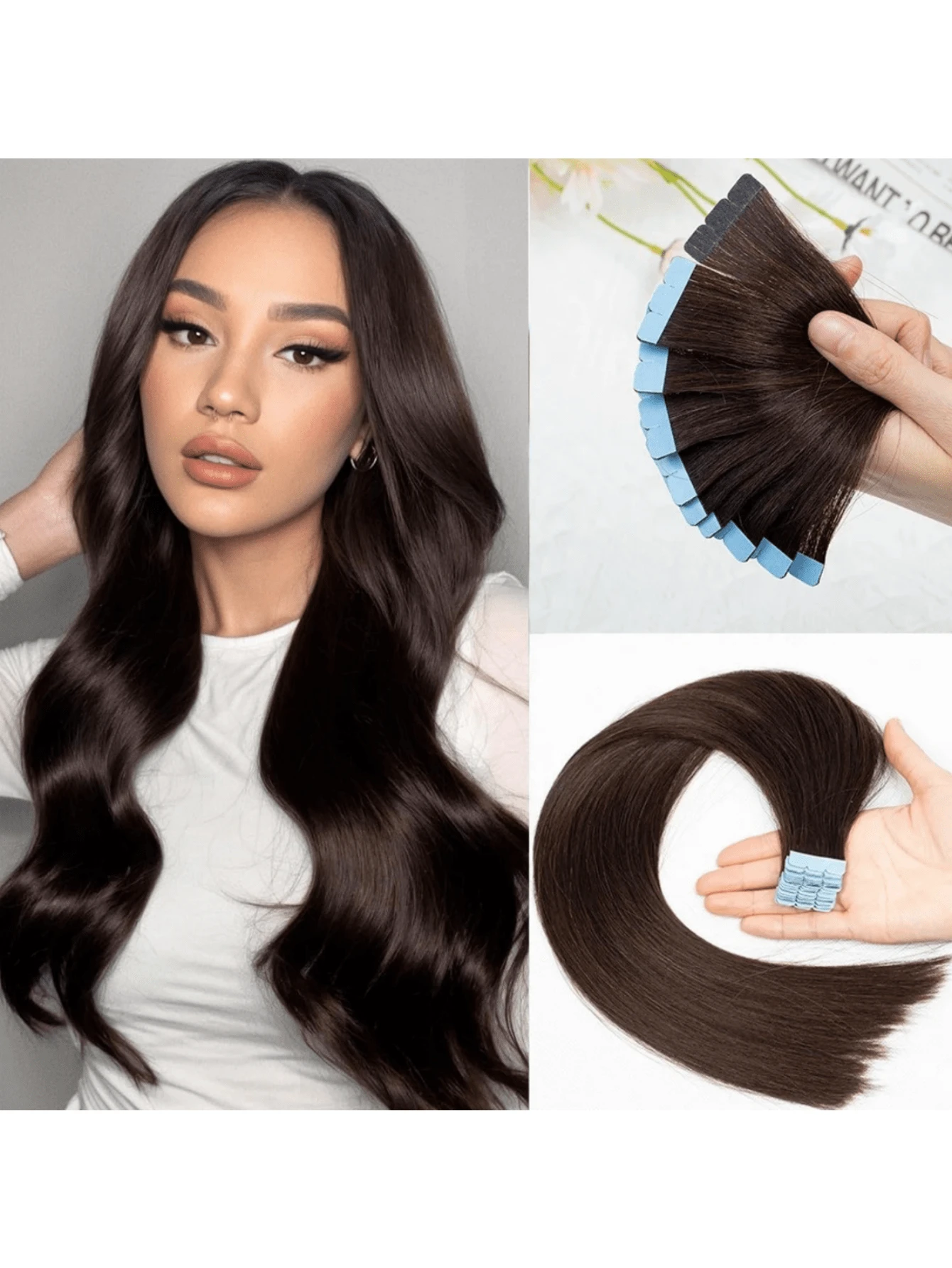 Extensii de păr mini cu bandă adezivă, păr uman, extensii de păr PU, culoare blond deschis, pachet de 10 bucăți