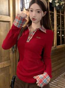 女士二合一格子马球领红色长袖拉绒修身打底上衣