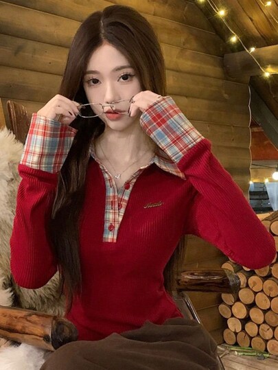 เสื้อพื้นฐานผู้หญิงแขนยาว 2 ใน 1 คอโปโลลายสก็อตติด ตัวเสื้อเรียนรูโบราณ