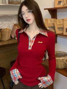 女士二合一格子马球领红色长袖拉绒修身打底上衣