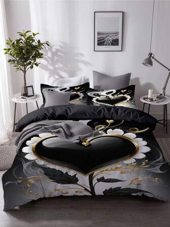 3PCS Soft And Comfortable Heart Flower Pattern Print Duvet Cover Set (1*Duvet Cover + 2*Pillowcase, Without Core),Soft, Comfortable, And Cozy Bedding Bedding For Bedroom And Guest Room,Ideal For Home And Dorm Decor, Hypoallergenic, And Easy Care,For All Seasons