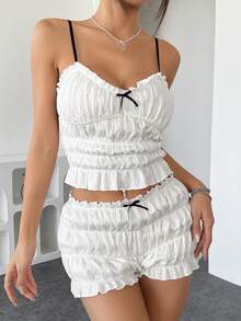 2 件/套夏季度假休闲海滩白色撞色蝴蝶结泡泡纹理 V 领露背上衣搭配松紧腰短裤 - 白色 - 查看 6