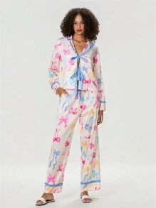 时尚女士可爱睡衣套装蝴蝶结印花荷叶边翻领 V 领系带上衣松紧腰长裤 2 件套春节 - 彩色 - 查看 3