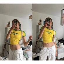 Vintage Graphic Baby Tees For Women Brazil T-Shirt Y2k Tops Mexico Crop Top Jersey 2000s Summer Going Out Tops Football Outfit Aesthetic Clothes Teen Girls Streetwear - Màu vàng - Xem 3