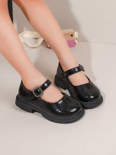 Black Leather Girls Shoes For Spring/Autumn 2025, Little Girls' Soft-Sole Leather Mary Jane Shoes, Princess Dress Shoes, Features: Black Leather Upper With Crocodile-Like Texture, Shiny Decor On The Strap, Classic Mary Jane Design With Single Strap For Easy On/Off