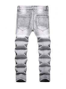 青少年休闲街头风格浅灰色破洞修身直筒牛仔裤