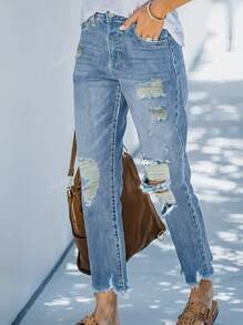 Fall Women Clothes Women Mid Waist Casual & Office Vocation Wear Distressed Ankle-Length Straight Leg Jeans Summer Outfits For Women Jeans