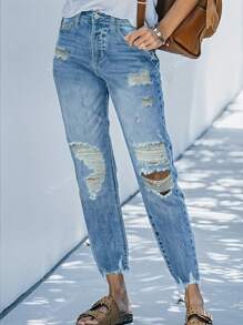 Fall Women Clothes Women Mid Waist Casual & Office Vocation Wear Distressed Ankle-Length Straight Leg Jeans Summer Outfits For Women Jeans