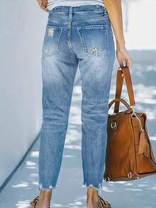 秋季女装女士中腰休闲办公职业装破洞及踝直筒牛仔裤夏季女装牛仔裤