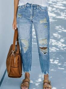 秋季女装女士中腰休闲办公职业装破洞及踝直筒牛仔裤夏季女装牛仔裤