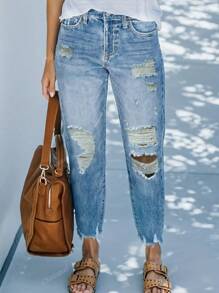 Fall Women Clothes Women Mid Waist Casual & Office Vocation Wear Distressed Ankle-Length Straight Leg Jeans Summer Outfits For Women Jeans