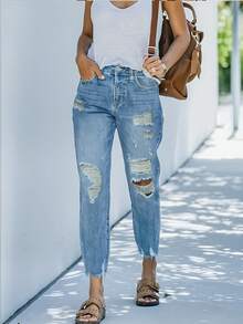 秋季女装女士中腰休闲办公职业装破洞及踝直筒牛仔裤夏季女装牛仔裤