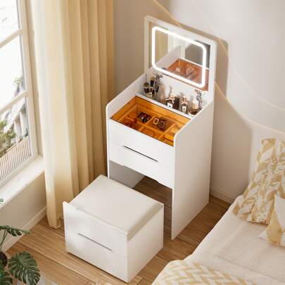 AYYDS Small Vanity Set With Visible Glass Top, 3 In 1 Makeup Table With Flip Up Mirror, Compact With 3 Drawers, Padded Tool Storage, Dressing Table For Bedroom, White