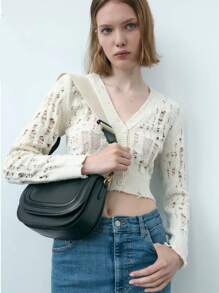 女士马鞍包单肩包斜跨腋下包2024新品海外货品宽肩带 - 黑色 - 查看 7