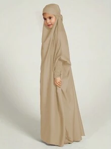 Muslim Tween Girl Girls Abaya Solid Long Kaftan Abaya Enfant Robe Dress Tween Girl Clothes For Gift(Non-Removable Turban) - Champagne - View 4