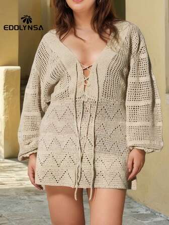 Vestido tejido mini de manga de farol con cuello en V transparente y recortes para talla grande, cubre traje de baño de punto sólido para verano