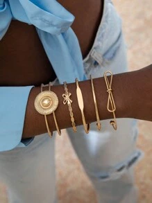 imoli Set de 6 pulseras de brazalete de aleación con diseño geométrico minimalista y exagerado, pulseras de cadena hueca con cuentas de CCB para mujeres, regalo para fiesta (brazalete ajustable)