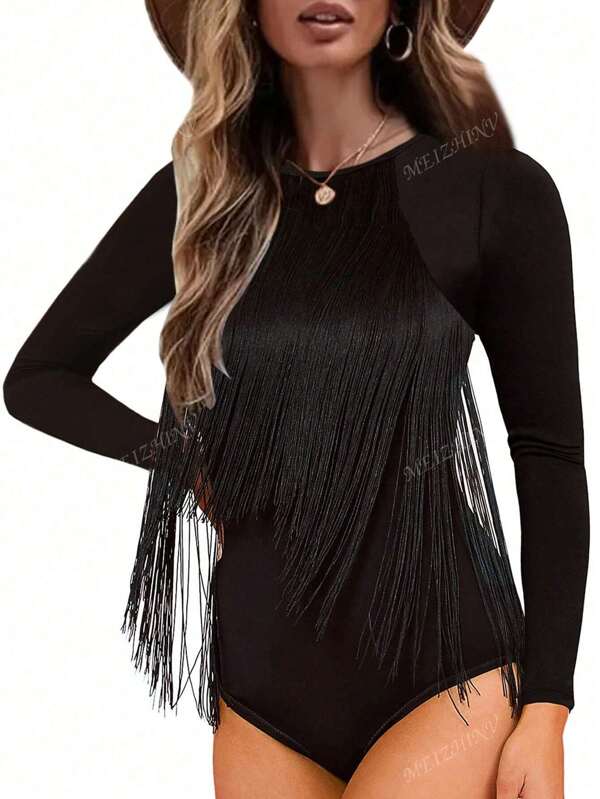 Women's Fashion Round Neck Fringed Decor Party Bodysuit With Long Sleeves
