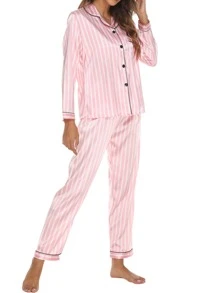 Women 2pcs Satin Pajamas Set Long Sleeve Button Up Shirt And Casual Loose Elastic Pants Sleepwear Loungewear - Màu Hồng baby - Xem 5