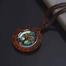 1 Stylish Elegant Tree Of Life Pattern Wooden Round Glass Necklace  Gift Jewelry - 1pc - View 4