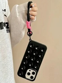 Casing Ponsel Silikon Multifungsi Peredam Guncangan Model Hisap Warna Pink Hitam dengan Tali Gantungan, Kompatibel dengan iPhone 16/16E/12/13/14 Pro Max Series, Hadiah Ulang Tahun, Pesta, Perayaan - Hitam - View 7