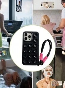 Casing Ponsel Silikon Multifungsi Peredam Guncangan Model Hisap Warna Pink Hitam dengan Tali Gantungan, Kompatibel dengan iPhone 16/16E/12/13/14 Pro Max Series, Hadiah Ulang Tahun, Pesta, Perayaan - Hitam - View 3