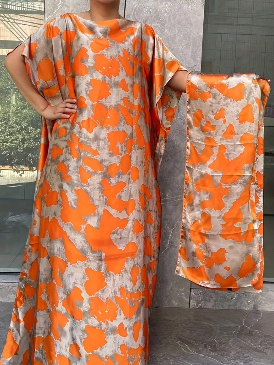 Große Größen-Damen-Abaya-Kleid mit Fledermausärmeln, geradem Schnitt, locker geschnitten und bescheiden, mit Schal, Kaftan