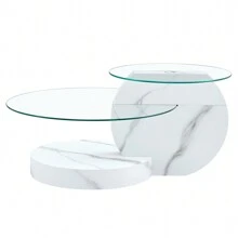 MUUOKY 35 Inch Double Layer Coffee Table Round - Tempered Glass Tabletop, White Coffee Tables With Imitation Marble Legs, Modern Practical Art Decor Design Table For Living Room & Bedroom, For Small Space Home Office, Cafe, Office, Set For Christmas Parties, Room Decor, Easy To Assemble, Christmas Decor, Christmas Decorations, Christmas Gifts, Christmas Home, Christmas Decor Home - 白色 - 查看 9