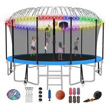 FIZITI 12FT 14FT 16FT Outdoor Trampoline For Ki Ds And Adults, Recreational Backyard 1500LBS Trampoline With Enclosure Net, Ladder, Bonus Sprinkler And LED Lights -ASTM CPC CPSIA Christmas Gifts
