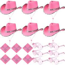 3Pcs/Set Holiday Party Brimmed Silvery Edge Cowboy Hat - With Transparent Heart Glasses, Square Scarf, And Single Party Cowboy Hat, Party Role Playing Decor Accessories Suitable For Men And Women, Holiday Party Supplies - Multicolor - View 4