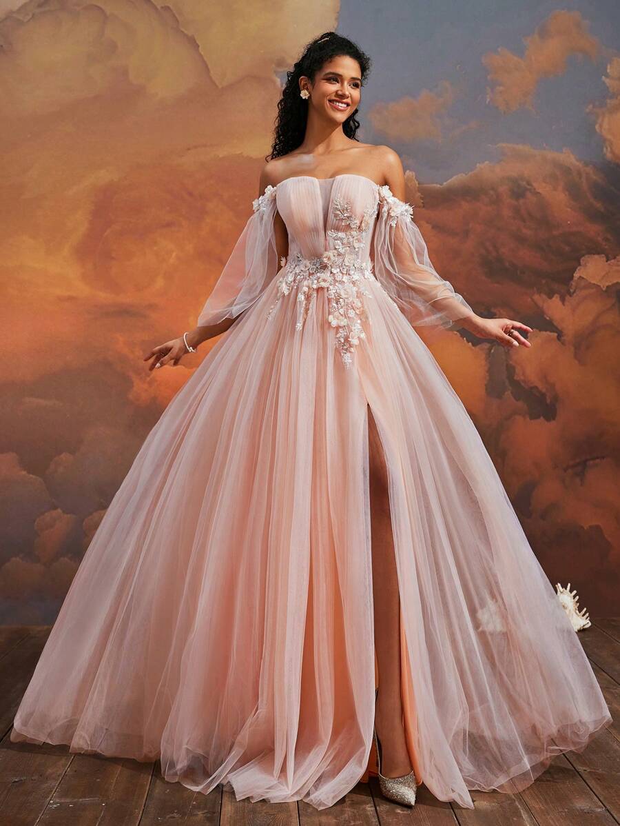 VIPGIRL Elegant Blush Pink Off-Shoulder Long Tulle Gown, 3D Floral Applique High Slit Evening Dress, Women Formal Dreamy Princess Prom Gown, Glamorous Party Dress Wedding Guest Dress - 淺粉色 - 查看 1