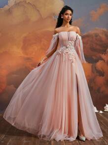 VIPGIRL Elegant Blush Pink Off-Shoulder Long Tulle Gown, 3D Floral Applique High Slit Evening Dress, Women Formal Dreamy Princess Prom Gown, Glamorous Party Dress Wedding Guest Dress - 淺粉色 - 查看 5
