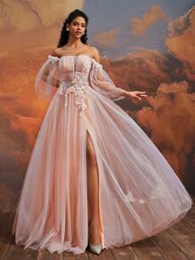 VIPGIRL Elegant Blush Pink Off-Shoulder Long Tulle Gown, 3D Floral Applique High Slit Evening Dress, Women Formal Dreamy Princess Prom Gown, Glamorous Party Dress Wedding Guest Dress - 淺粉色 - 查看 6