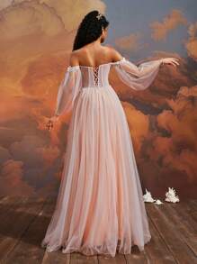 VIPGIRL Elegant Blush Pink Off-Shoulder Long Tulle Gown, 3D Floral Applique High Slit Evening Dress, Women Formal Dreamy Princess Prom Gown, Glamorous Party Dress Wedding Guest Dress - 淺粉色 - 查看 2