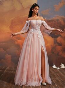 VIPGIRL Elegant Blush Pink Off-Shoulder Long Tulle Gown, 3D Floral Applique High Slit Evening Dress, Women Formal Dreamy Princess Prom Gown, Glamorous Party Dress Wedding Guest Dress - 淺粉色 - 查看 8