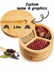 Saleiro Prático Personalizado com Nome e Padrões, Saleiro de Bambu e Madeira de Oliveira com Nome Personalizado, Saleiro Giratório com Colher, Decoração de Mesa de Cozinha, Melhor Presente