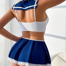 情人节性感学生妹角色扮演套装，情侣亲密角色扮演服装套装，性感女士内衣套装，夜店校服诱惑套装，领口+上衣+裙子+内衣 - 白色+藍色4件套裝 - 查看 2