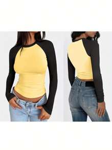Women Slim Fit Tops Casual Contrast Color Raglan Sleeve Basic Shirt Blouses For Club Streetwear Aesthetic Clothes - Màu vàng - Xem 2