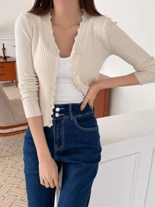 shein keejoin-Cárdigan de punto informal de manga larga con botones para mujer,Cárdigan De Botones Con Ribete Festoneado En La Parte Delantera,Cárdigan corto con botones y cuello en V para mujer - Albaricoque - Ver 1