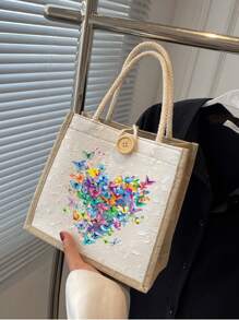 1pc Coarse Linen Tote Bag, Butterfly Flower Love Print Handbag, Wedding Specific Reusable Bag, Daily Use, Mini Tote Bag, Zippered Canvas Bag, Portable Double Handle Tote Bag, Lunch Gift Bag, Beach Bag, Shoulder Tote Bag With Handle Button, Valentine's Day Gift, The Best Gift For Your Couple(Button Styles And Colors Are Randomly Shipped)(Due To Material Reasons, There May Be Wire Breakage. If You Mind, Please Place Your Order With Caution)