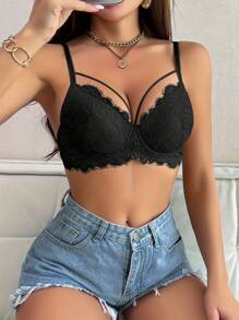 Pfirsich Mädchen schwarze Spitze sexy Damen Dessous, Unterstützender BH, bequem und stilvoll, geeignet für den täglichen Gebrauch - Schwarz - Übersicht 1