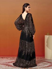 Missord V 领灯笼袖亮片礼服晚礼服宴会礼服婚礼宾客礼服 - 金色 - 查看 3