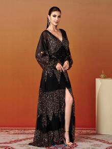 Missord V 领灯笼袖亮片礼服晚礼服宴会礼服婚礼宾客礼服 - 金色 - 查看 4