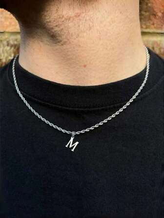 1pc Fashionable Stainless Steel 26 Letters A-Z Initial Pendant Necklace, Men's Classical Braided Chain Necklace, Hip Hop Style