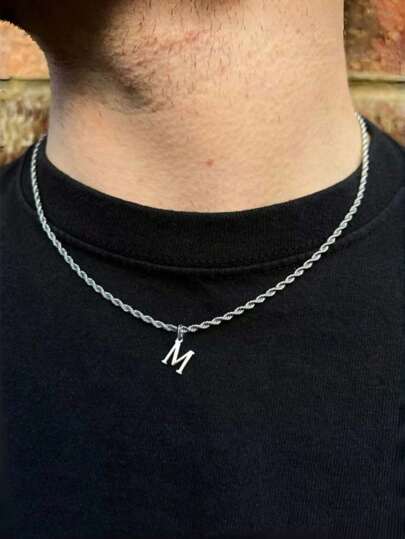 1 件时尚不锈钢 26 个字母 A-Z 首字母吊坠项链，男士经典编织链项链，嘻哈风格