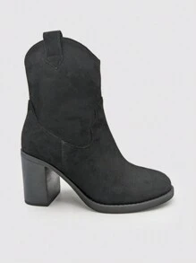 Damskie botki w jednolitym kolorze z okrągłym noskiem i grubym obcasem, do noszenia na co dzień - Czarne - Zobacz 1